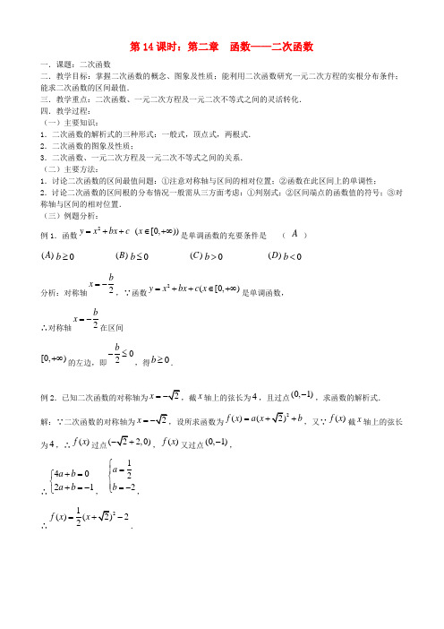 【精品】高考数学一轮复习必备 第14课时第二章  函数-二次函数教案