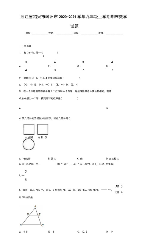 浙江省绍兴市嵊州市2020-2021学年九年级上学期期末数学试题