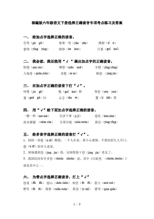 部编版六年级语文下册选择正确读音专项考点练习及答案