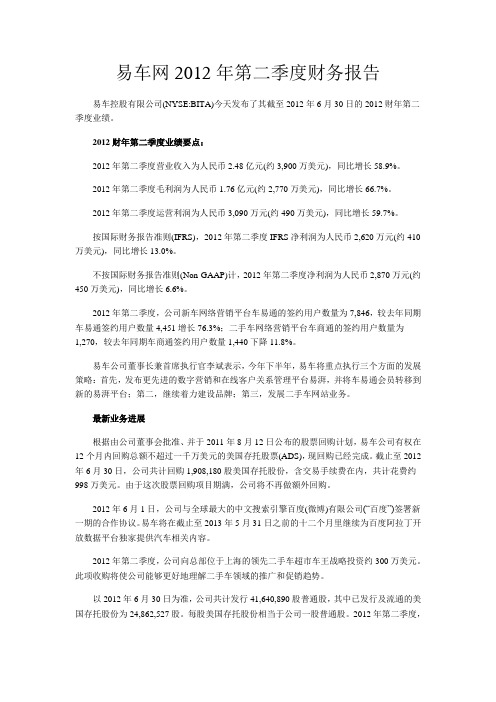 易车网2012年第二季度财务报告