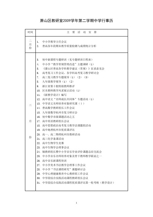 萧山区教研室2009学年第二学期中学行事历