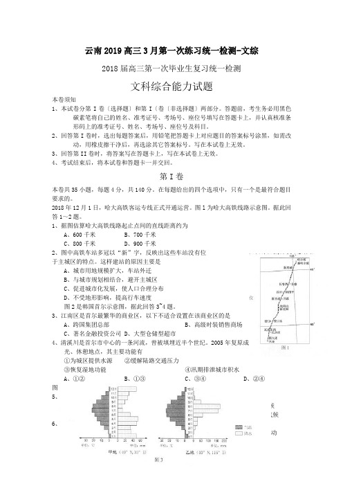 云南2019高三3月第一次练习统一检测-文综