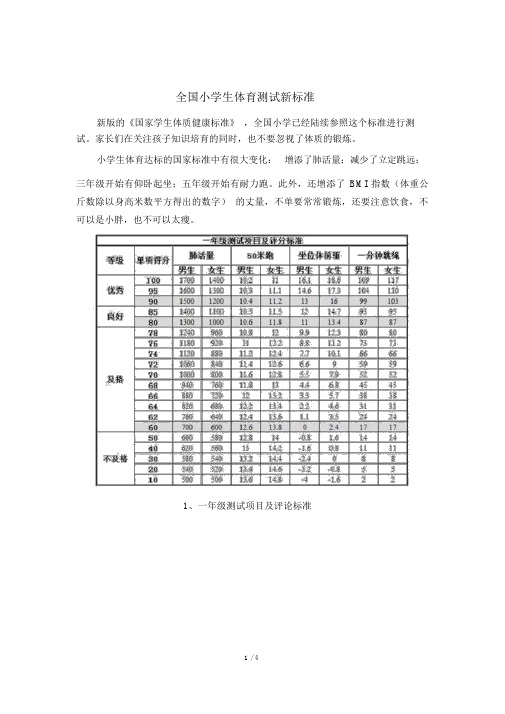 全国小学生体育测试新标准