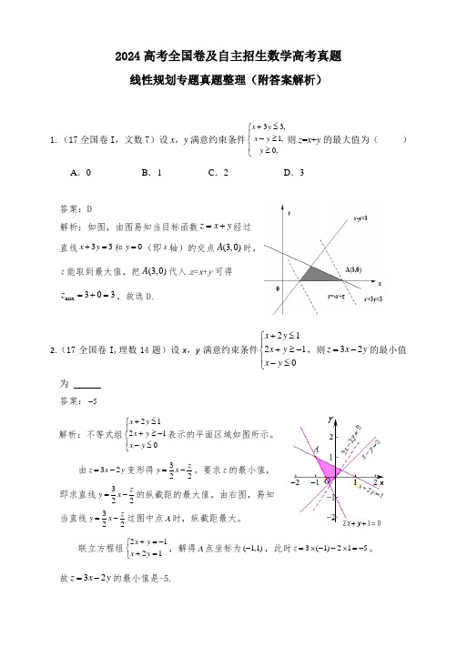 2024高考全国卷及各省数学线性规划真题整理-免费(附答案)