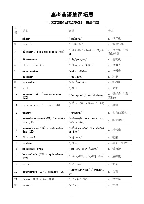 高中英语2025届高考常用单词拓展(厨房电器+厨房设备+餐具+烹饪+烘焙)