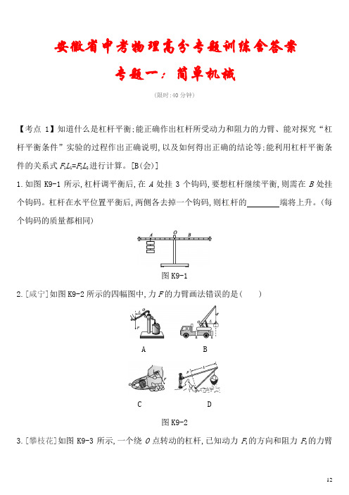 安徽省2021中考物理《简单机械及功、功率和机械能》专题训练(含答案)