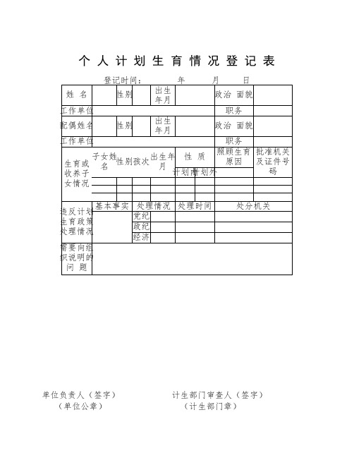 个 人 计 划 生 育 情 况 登 记 表