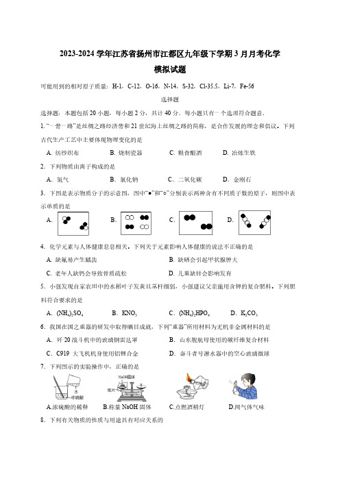 2023-2024学年江苏省扬州市江都区九年级下学期3月月考化学模拟试题(含答案)