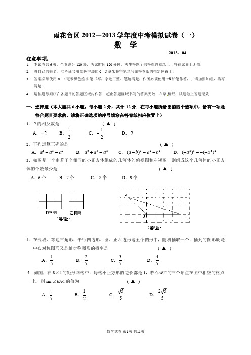 2013年南京市雨花区中考一模数学试卷