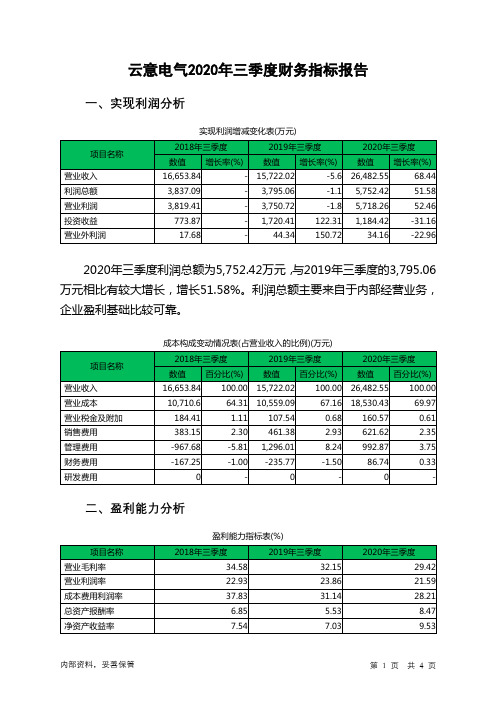 云意电气2020年三季度财务指标报告