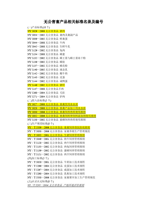 无公害畜产品相关标准名录及编号