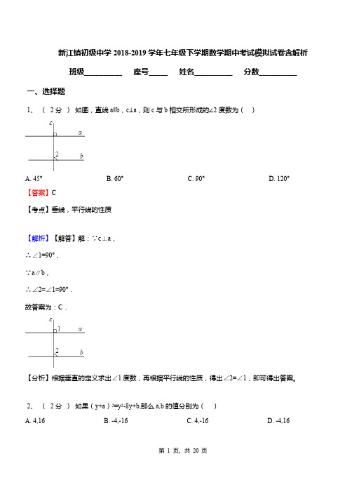 新江镇初级中学2018-2019学年七年级下学期数学期中考试模拟试卷含解析