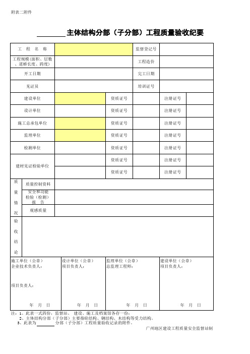 主体结构分部(子分部)工程质量验收纪要