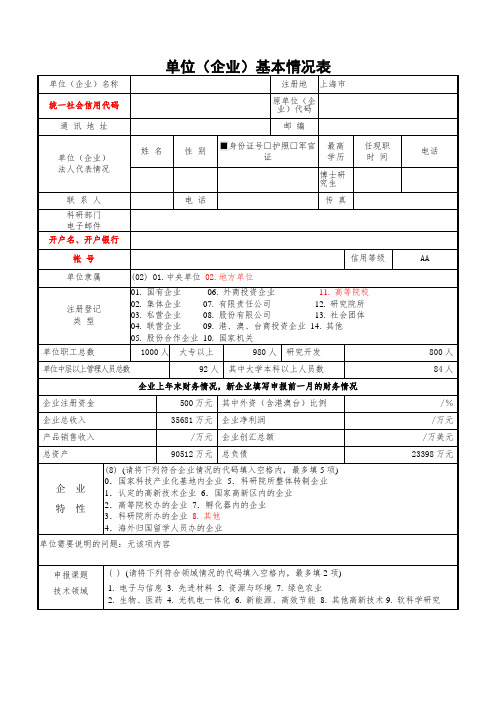 单位(企业)基本情况表