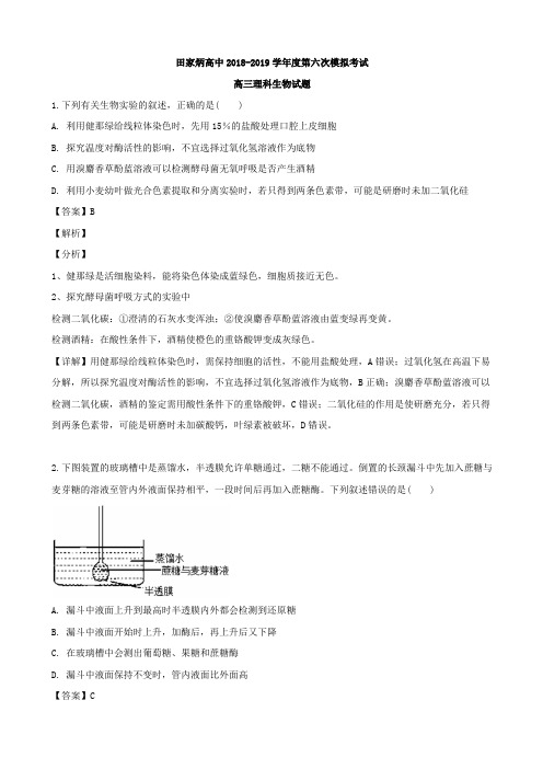 2019届吉林省辽源市田家炳高级高三六模考试理综生物试题