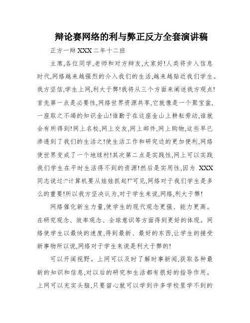 辩论赛网络的利与弊正反方全套演讲稿