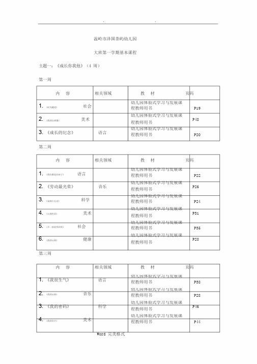 幼儿园大班上基本课程安排表