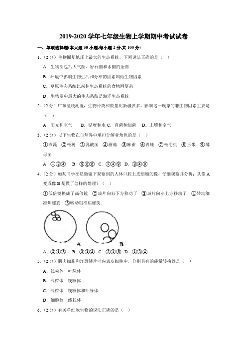 2019-2020学年人教版七年级生物上学期期中考试试卷附答案