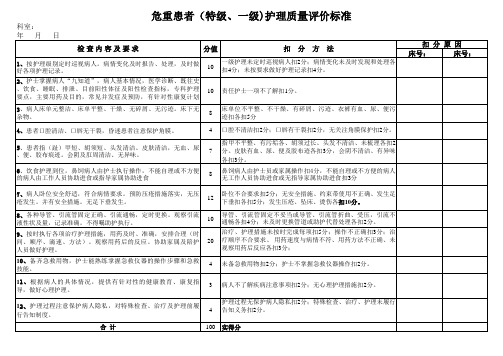 危重患者(特级、一级)护理质量评价标准