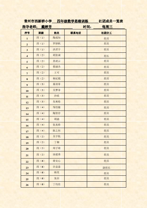 常州市西新桥小学 四年级数学思维训练 社团成员一览表