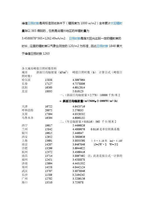 各大城市峰值日照时数资料