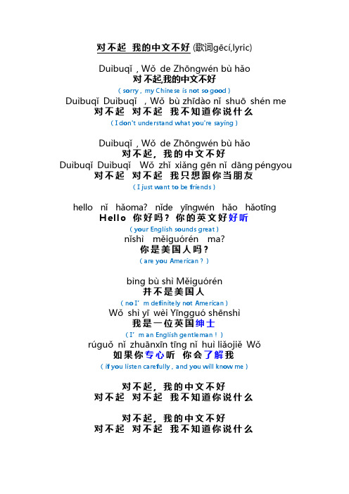 对不起 我的中文不好 歌词 lyric