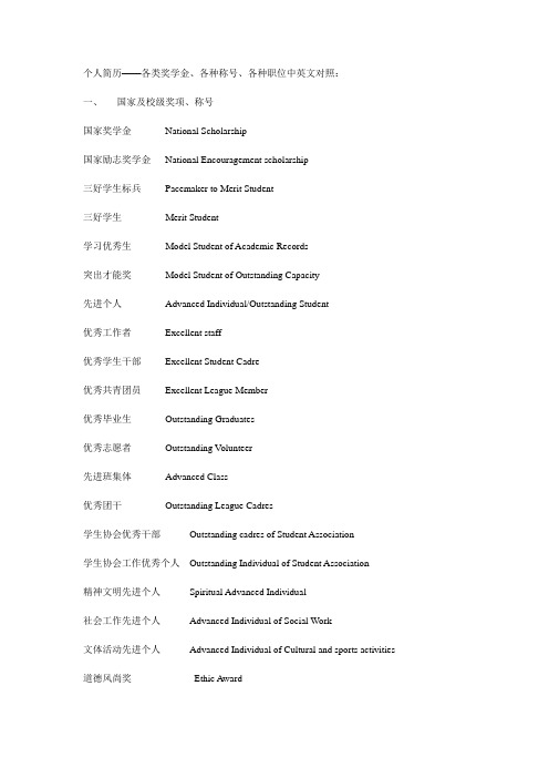 个人简介中的各种奖项的英语说法