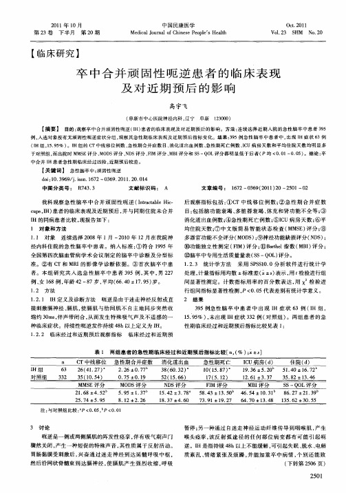 卒中合并顽固性呃逆患者的临床表现及对近期预后的影响