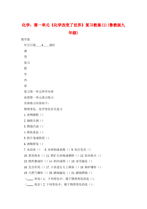 化学：第一单元《化学改变了世界》复习教案(1)(鲁教版九年级)