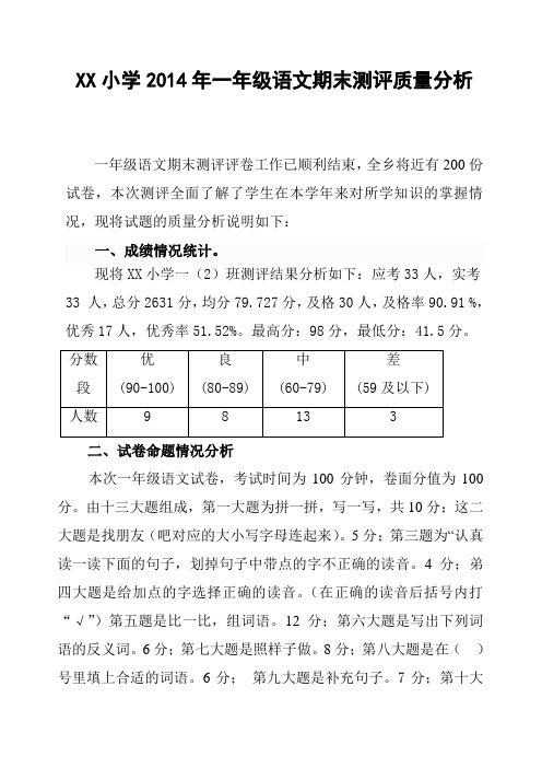 小学一年级(2)语文下册期末考试质量分析