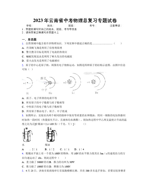 2023年云南省中考物理总复习专题试卷附解析