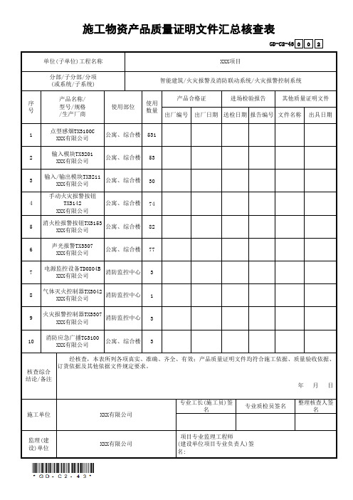 GD-C2-43施工物资产品质量证明文件汇总核查表(省统表)