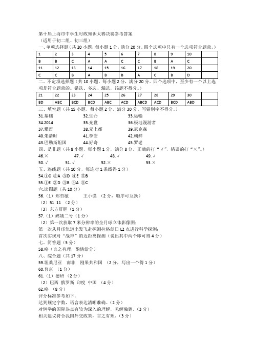 第十届上海市中学生时政知识大赛决赛参考答案