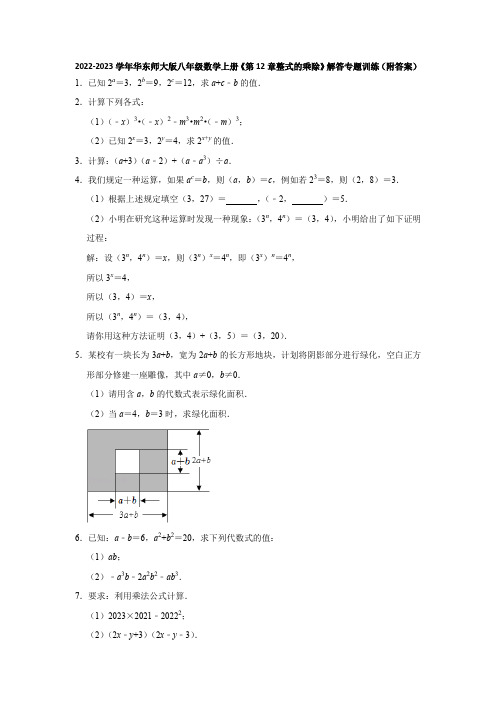 2022-2023学年华东师大版八年级数学上册《第12章整式的乘除》解答专题训练(附答案)