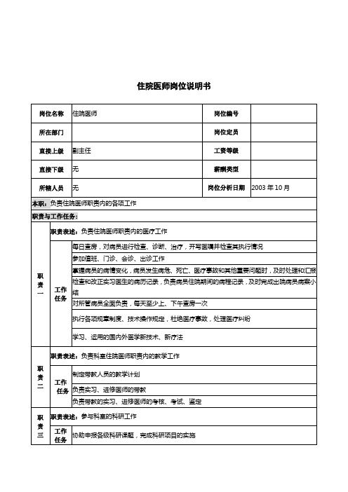 湖北新华医院住院医师岗位说明书