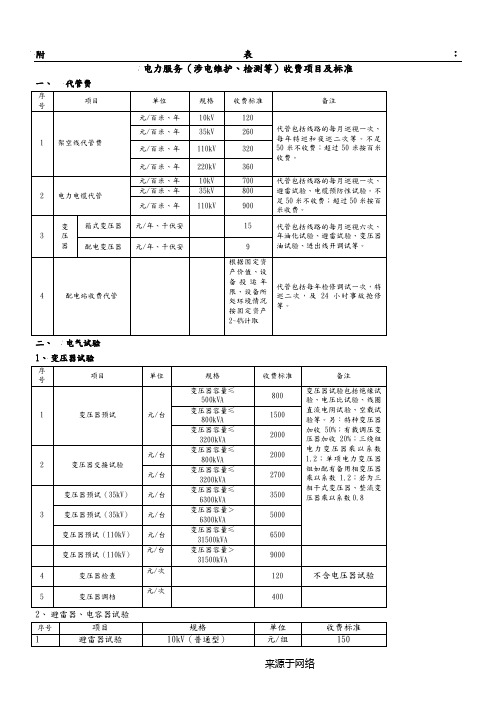 电力服务收费项目和标准