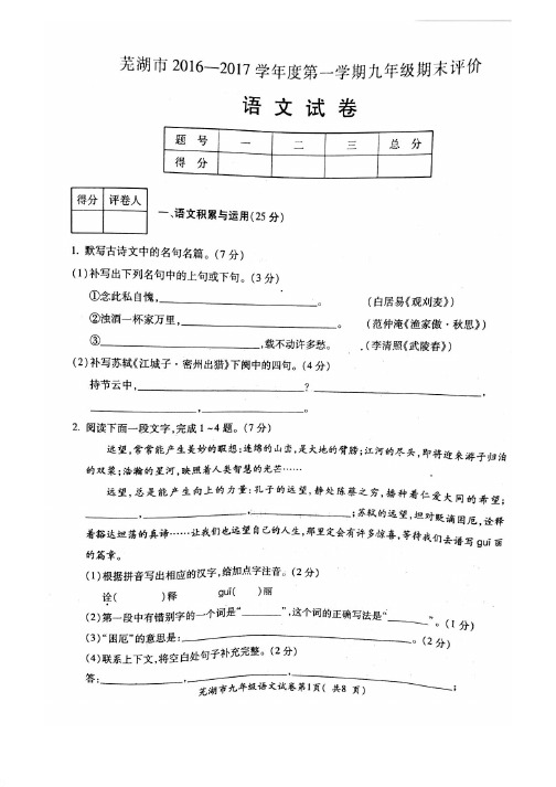 安徽省芜湖市九年级上学期   期末考试语文试题【精品】