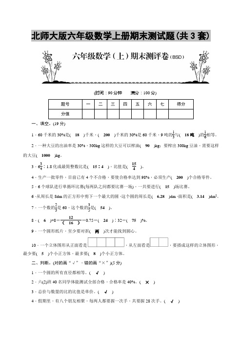 北师大版六年级数学上册期末测试题(共3套)