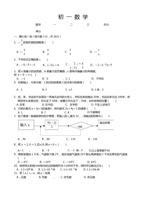 茶陵县界首中学2014-2015年七年级上期中考试数学试题及答案