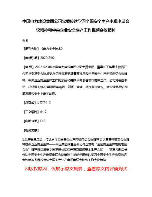 中国电力建设集团公司党委传达学习全国安全生产电视电话会议精神和中央企业安全生产工作视频会议精神