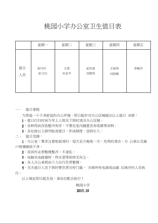 学校办公室卫生值日表0