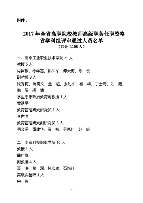 2017年全省高职院校教师高级职务任职资格省学科组评审通过人员名单