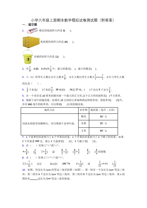 小学六年级上册期末数学模拟试卷测试题(附答案)