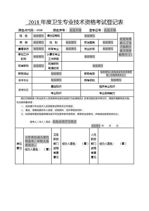 2018年度卫生专业技术资格考试登记表