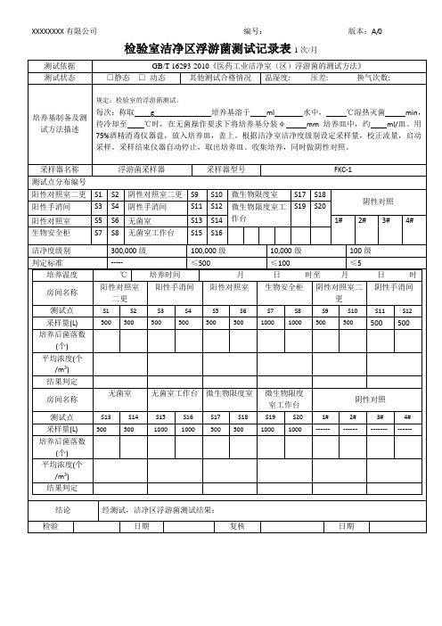 实验室洁净区浮游菌测试记录表