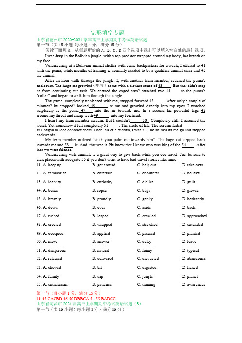山东省2021届高三英语上学期各地试题精选专项汇编--完形填空专题
