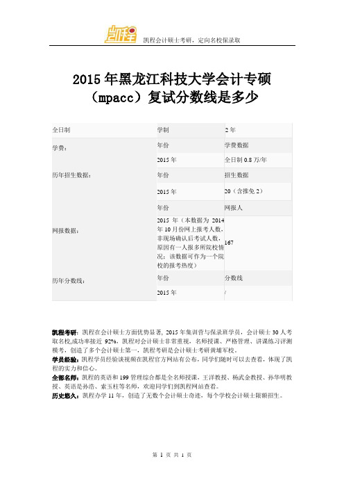 2015年黑龙江科技大学会计专硕(mpacc)复试分数线是多少