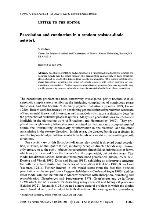 LETTER TO THE EDITOR Percolation and conduction in a random resistor-diode network