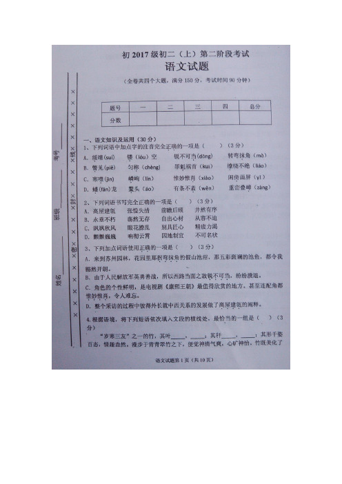 人教版八年级上册语文第二阶段(半期)考试   试题(图片版)