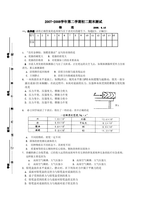 (苏科版)2007-2008学第二学期初二物理期末测试